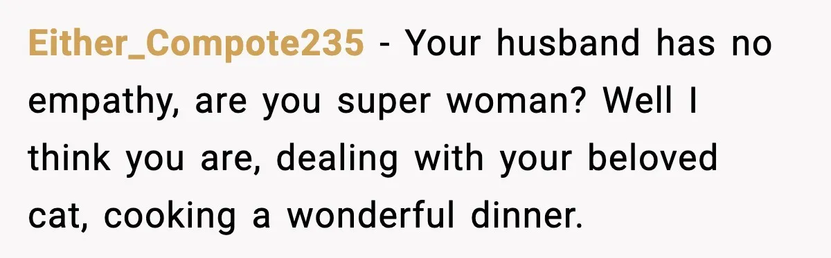 Either_Compote235 - Your husband has no empathy, are you super woman? Well I think you are, dealing with your beloved cat, cooking a wonderful dinner.