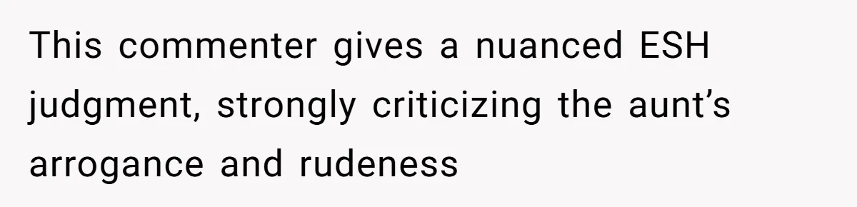 This commenter gives a nuanced ESH judgment, strongly criticizing the aunt’s arrogance and rudeness