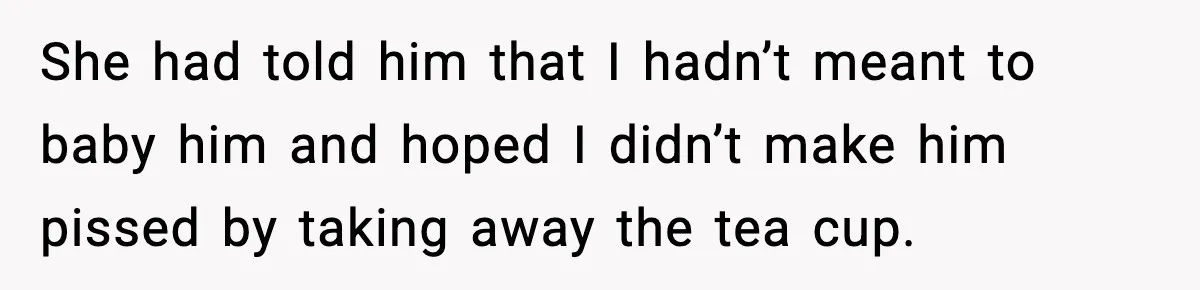 She had told him that I hadn’t meant to baby him and hoped I didn’t make him pissed by taking away the tea cup.