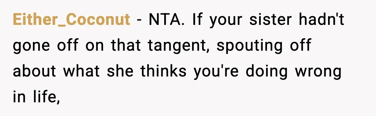Either_Coconut - NTA. If your sister hadn't gone off on that tangent, spouting off about what she thinks you're doing wrong in life,