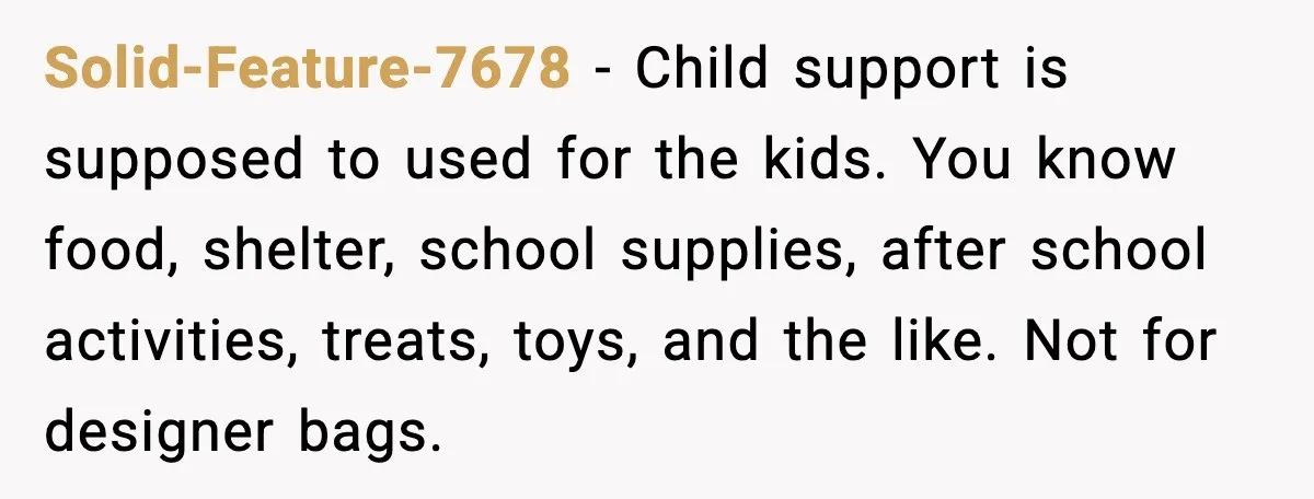 Solid-Feature-7678 - Child support is supposed to used for the kids. You know food, shelter, school supplies, after school activities, treats, toys, and the like. Not for designer bags.