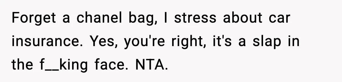Forget a chanel bag, I stress about car insurance. Yes, you're right, it's a slap in the f__king face. NTA.