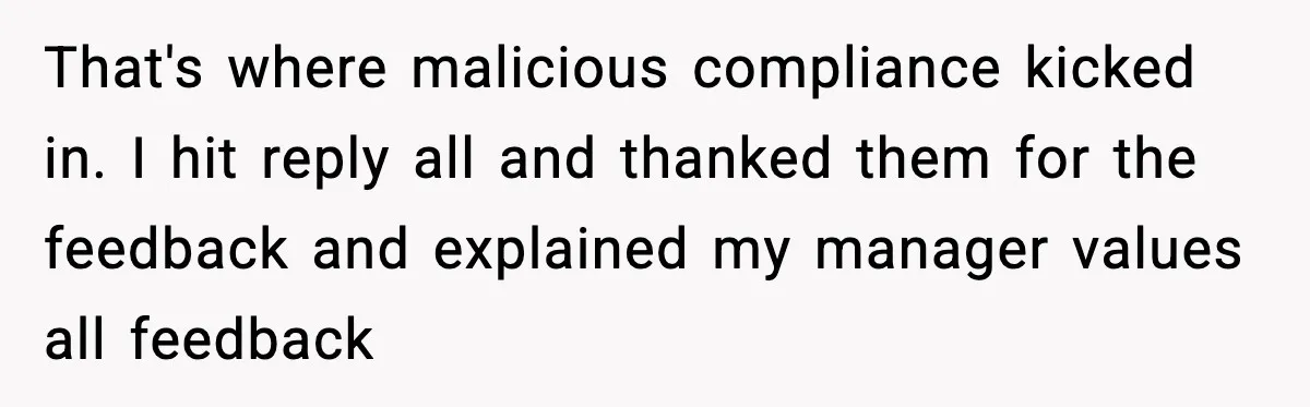 That's where malicious compliance kicked in. I hit reply all and thanked them for the feedback and explained my manager values all feedback