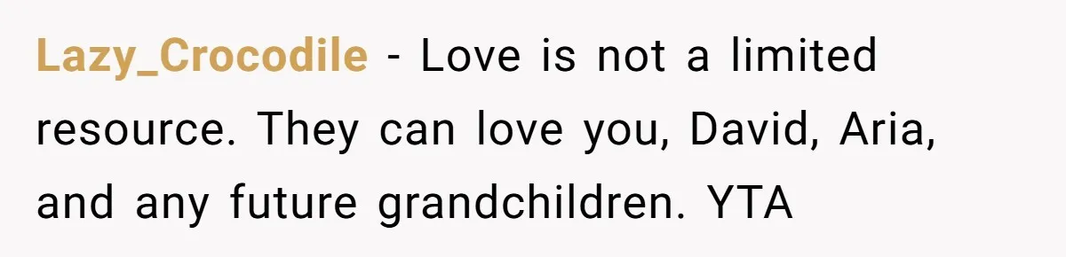 Lazy_Crocodile − Love is not a limited resource. They can love you, David, Aria, and any future grandchildren. YTA