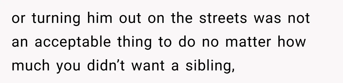 or turning him out on the streets was not an acceptable thing to do no matter how much you didn’t want a sibling,
