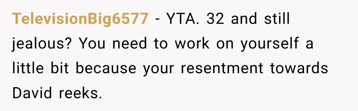 TelevisionBig6577 − YTA. 32 and still jealous? You need to work on yourself a little bit because your resentment towards David reeks.