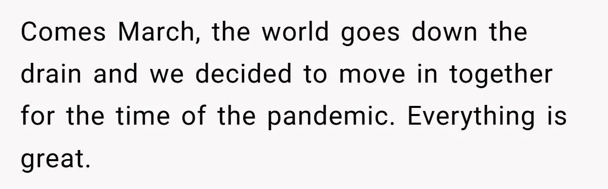 Comes March, the world goes down the drain and we decided to move in together for the time of the pandemic. Everything is great.