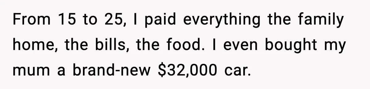 From 15 to 25, I paid everything the family home, the bills, the food. I even bought my mum a brand-new $32,000 car.