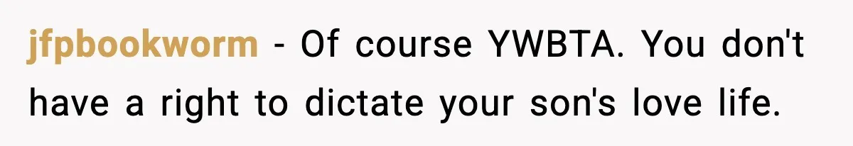 jfpbookworm - Of course YWBTA. You don't have a right to dictate your son's love life.