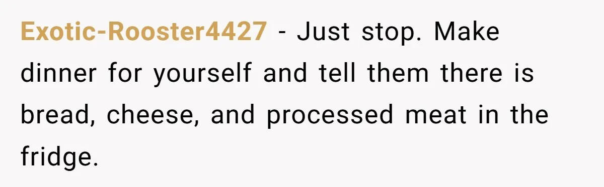 Exotic-Rooster4427 − Just stop. Make dinner for yourself and tell them there is bread, cheese, and processed meat in the fridge.