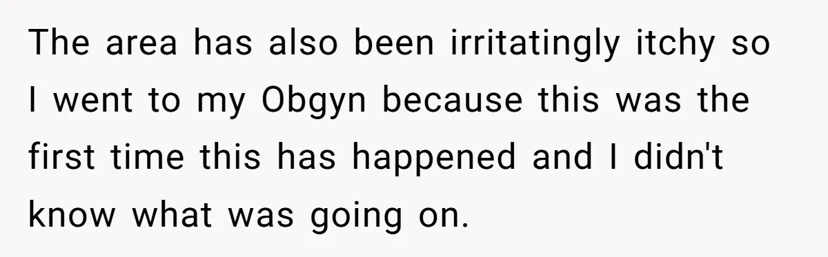 The area has also been irritatingly itchy so I went to my Obgyn because this was the first time this has happened and I didn't know what was going on.