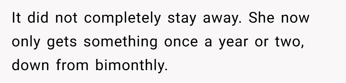It did not completely stay away. She now only gets something once a year or two, down from bimonthly.