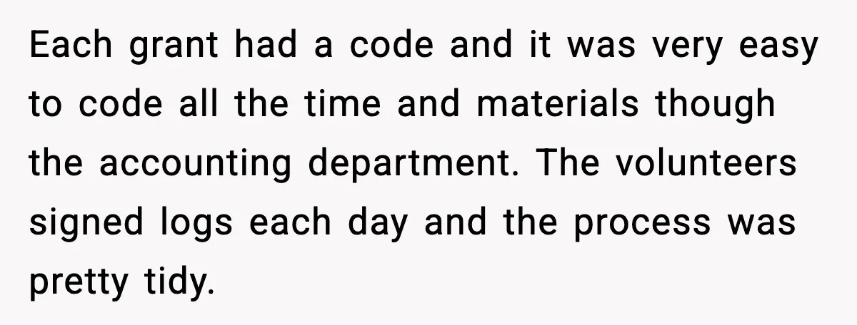 Each grant had a code and it was very easy to code all the time and materials though the accounting department. The volunteers signed logs each day and the process...