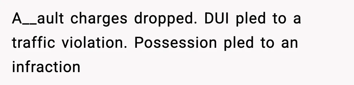 A__ault charges dropped. DUI pled to a traffic violation. Possession pled to an infraction