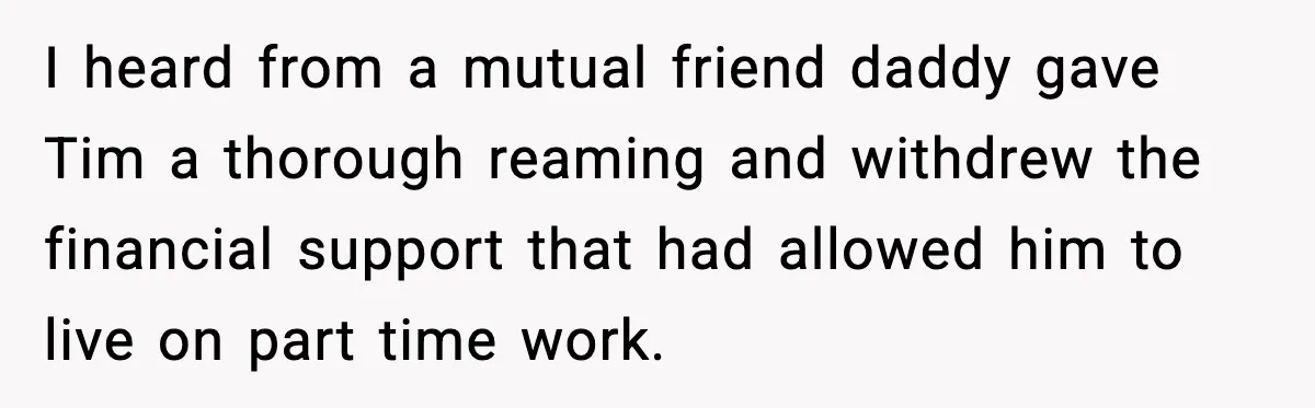 I heard from a mutual friend daddy gave Tim a thorough reaming and withdrew the financial support that had allowed him to live on part time work.
