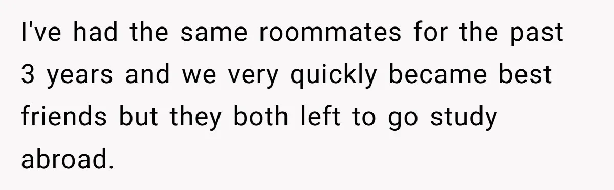I've had the same roommates for the past 3 years and we very quickly became best friends but they both left to go study abroad.