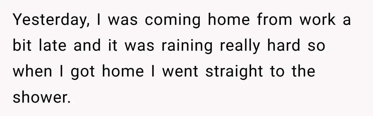 Yesterday, I was coming home from work a bit late and it was raining really hard so when I got home I went straight to the shower.