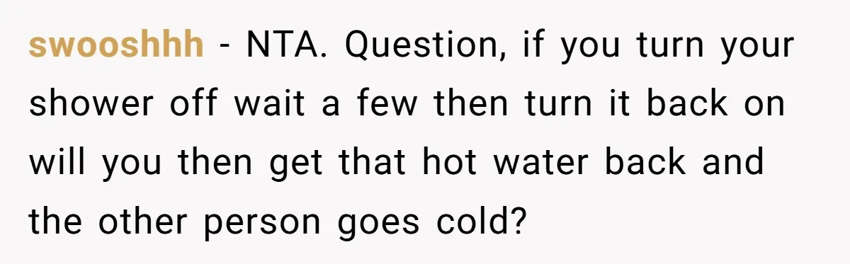 swooshhh − NTA. Question, if you turn your shower off wait a few then turn it back on will you then get that hot water back and the other person...