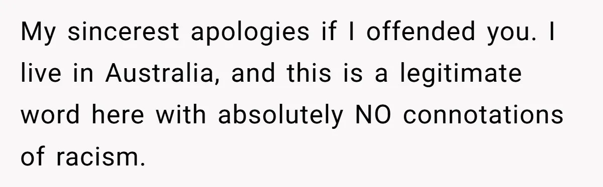 My sincerest apologies if I offended you. I live in Australia, and this is a legitimate word here with absolutely NO connotations of racism.