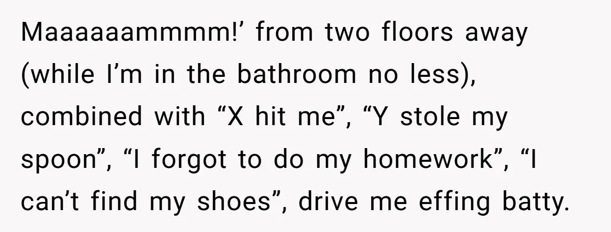 Maaaaaammmm!’ from two floors away (while I’m in the bathroom no less), combined with “X hit me”, “Y stole my spoon”, “I forgot to do my homework”, “I can’t find...