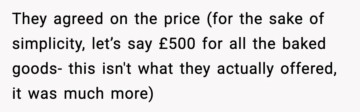 She Tried to Hold a Wedding Reception Hostage With Cupcakes, Now She’s Uninvited They agreed on the price (for the sake of simplicity, let’s say £500 for all the baked goods- this isn't what they actually offered, it was much more)