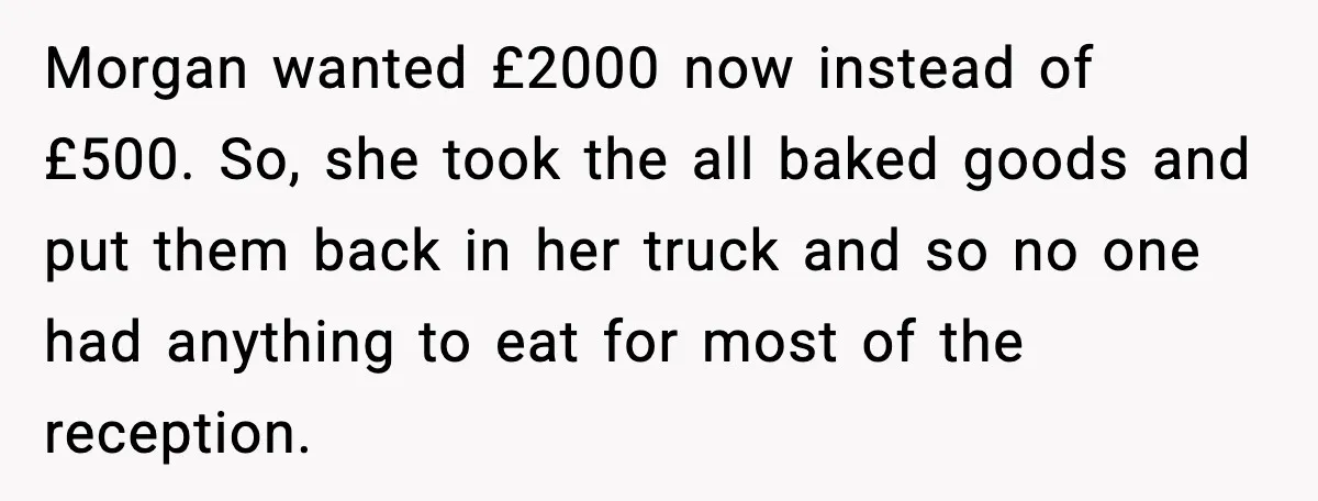 She Tried to Hold a Wedding Reception Hostage With Cupcakes, Now She’s Uninvited Morgan wanted £2000 now instead of £500. So, she took the all baked goods and put them back in her truck and so no one had anything to eat for...
