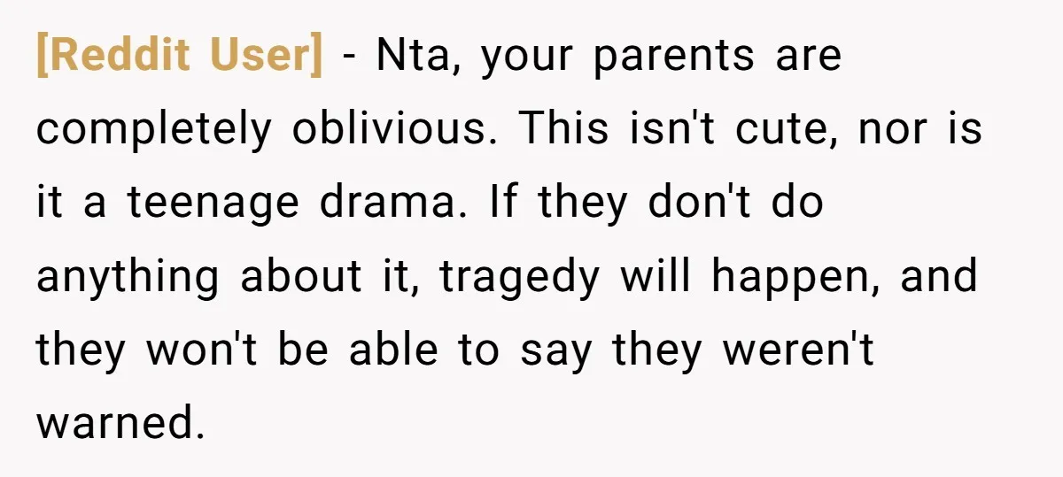 [Reddit User] − Nta, your parents are completely oblivious. This isn't cute, nor is it a teenage drama. If they don't do anything about it, tragedy will happen, and they...