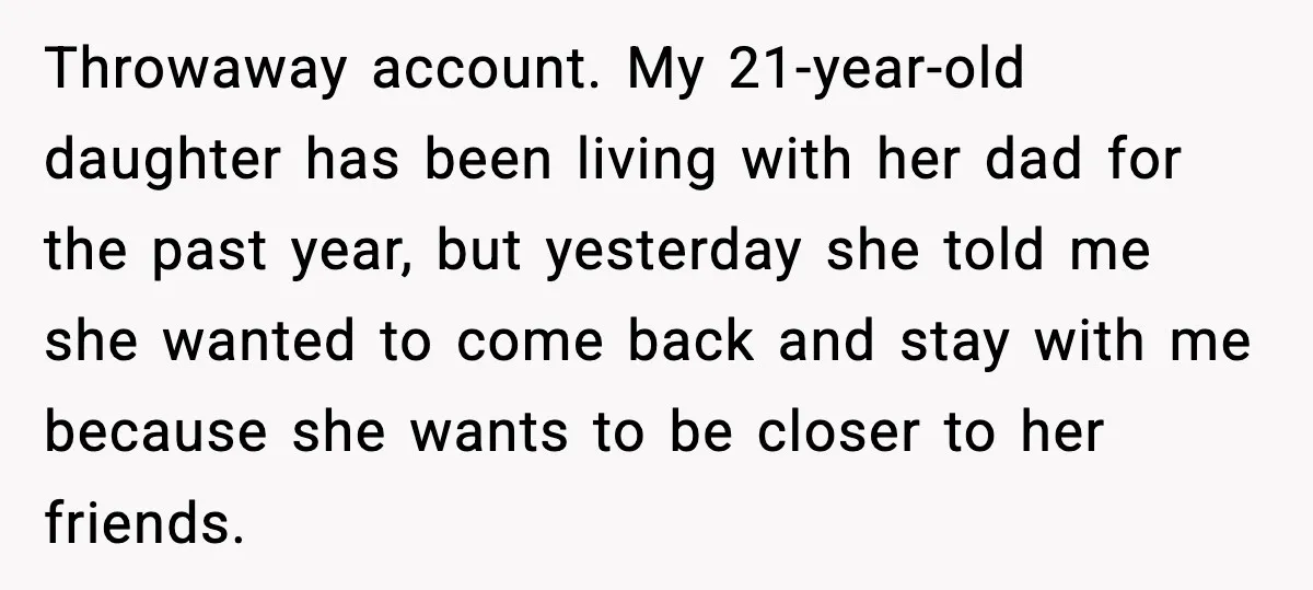 Throwaway account. My 21-year-old daughter has been living with her dad for the past year, but yesterday she told me she wanted to come back and stay with me because...