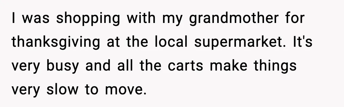 I was shopping with my grandmother for thanksgiving at the local supermarket. It's very busy and all the carts make things very slow to move.