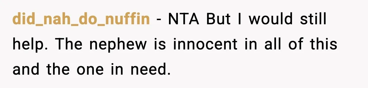did_nah_do_nuffin - NTA But I would still help. The nephew is innocent in all of this and the one in need.