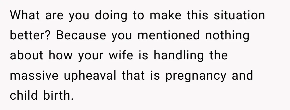 What are you doing to make this situation better? Because you mentioned nothing about how your wife is handling the massive upheaval that is pregnancy and child birth.