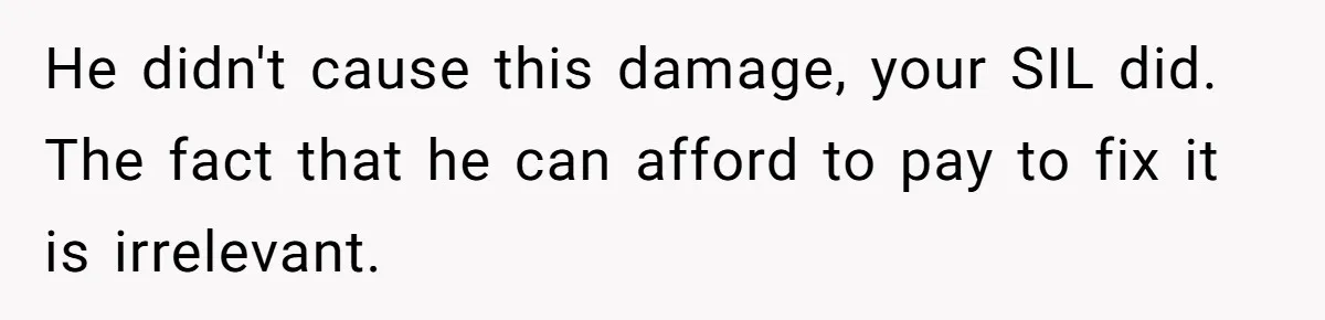 She Let Her Sister-in-Law Use the Family Estate for a Wedding. Now They’re Headed to Court Over $1,000 in Damage. He didn't cause this damage, your SIL did. The fact that he can afford to pay to fix it is irrelevant.