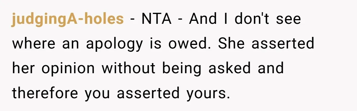 She Mom-Shamed Her Sister-in-Law at Dinner. The Clapback Left the Table Silent. judgingA-holes − NTA - And I don't see where an apology is owed. She asserted her opinion without being asked and therefore you asserted yours.