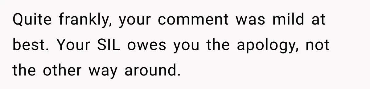 She Mom-Shamed Her Sister-in-Law at Dinner. The Clapback Left the Table Silent. Quite frankly, your comment was mild at best. Your SIL owes you the apology, not the other way around.