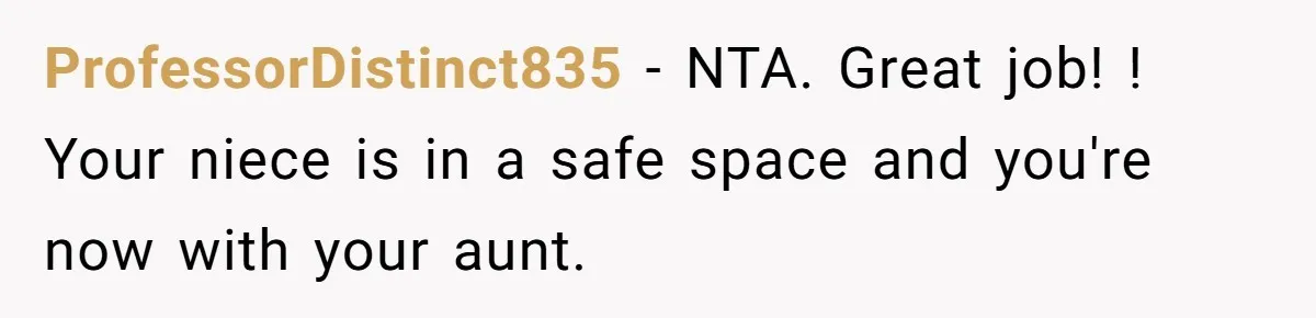 ProfessorDistinct835 − NTA. Great job! ! Your niece is in a safe space and you're now with your aunt.