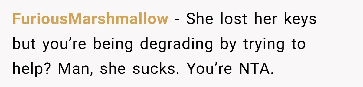 FuriousMarshmallow − She lost her keys but you’re being degrading by trying to help? Man, she sucks. You’re NTA.