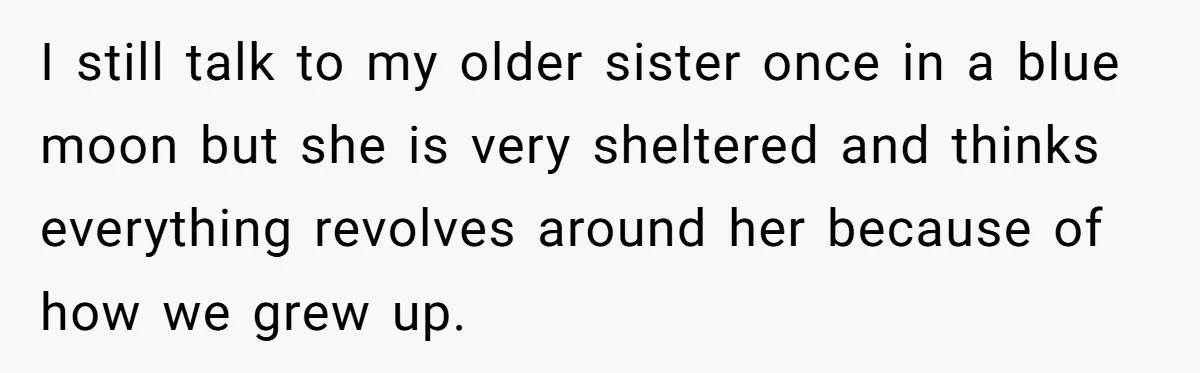 I still talk to my older sister once in a blue moon but she is very sheltered and thinks everything revolves around her because of how we grew up.
