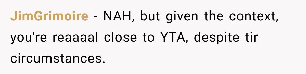 JimGrimoire − NAH, but given the context, you're reaaaal close to YTA, despite tir circumstances.