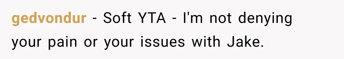 gedvondur − Soft YTA - I'm not denying your pain or your issues with Jake.