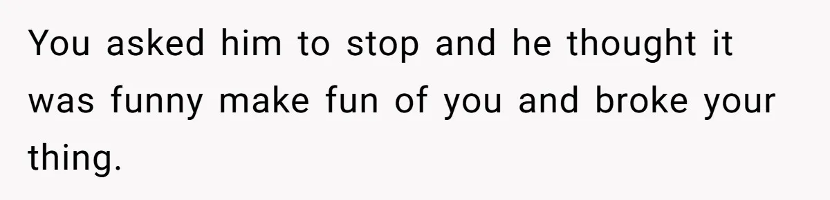 You asked him to stop and he thought it was funny make fun of you and broke your thing.