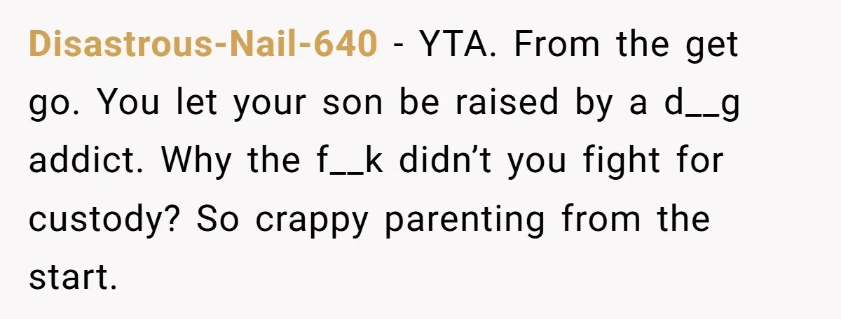 Disastrous-Nail-640 − YTA. From the get go. You let your son be raised by a d__g addict. Why the f__k didn’t you fight for custody? So crappy parenting from the...