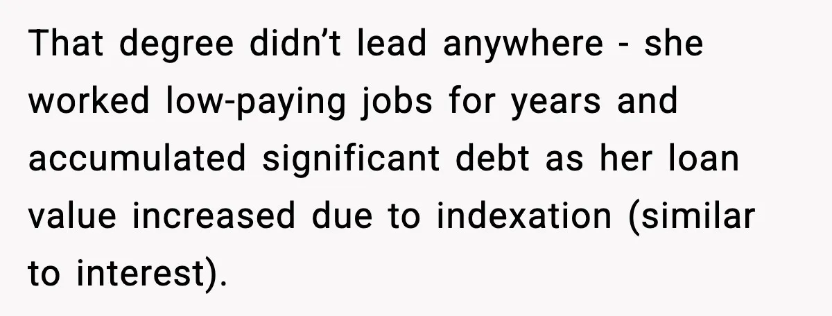 That degree didn’t lead anywhere - she worked low-paying jobs for years and accumulated significant debt as her loan value increased due to indexation (similar to interest).
