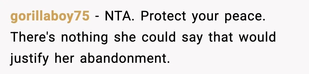 Mom Abandoned Son for 10 Years, Then Claimed His Dad Wasn’t His Dad Out of Spite gorillaboy75 - NTA. Protect your peace. There's nothing she could say that would justify her abandonment.