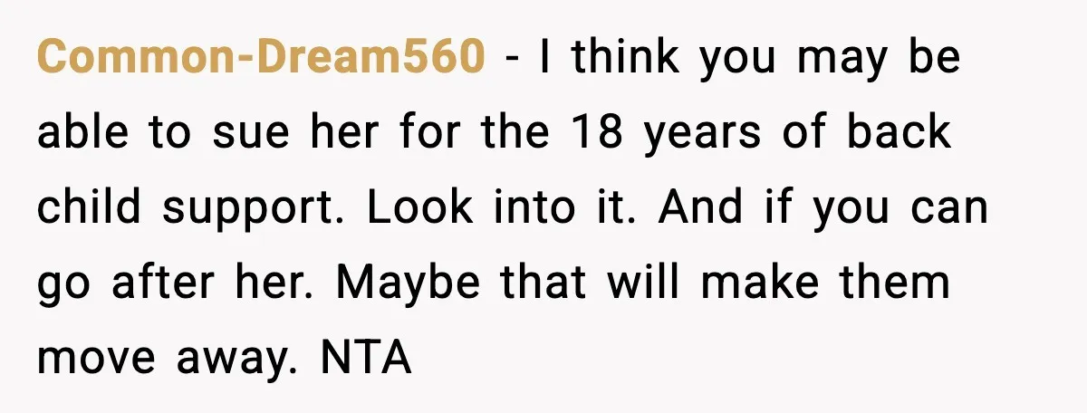 Mom Abandoned Son for 10 Years, Then Claimed His Dad Wasn’t His Dad Out of Spite Common-Dream560 - I think you may be able to sue her for the 18 years of back child support. Look into it. And if you can go after her. Maybe...