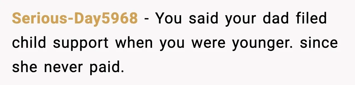 Mom Abandoned Son for 10 Years, Then Claimed His Dad Wasn’t His Dad Out of Spite Serious-Day5968 - You said your dad filed child support when you were younger. since she never paid.