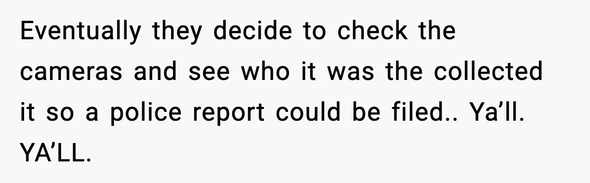 Eventually they decide to check the cameras and see who it was the collected it so a police report could be filed.. Ya’ll. YA’LL.