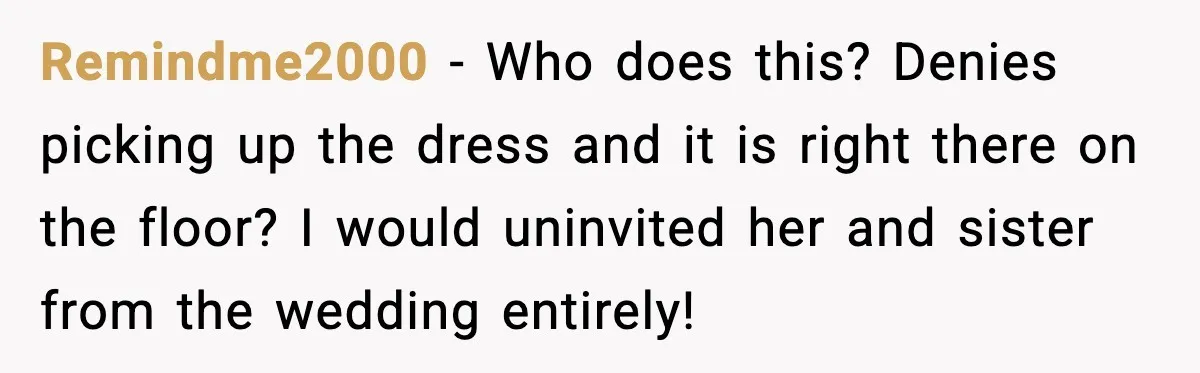 Remindme2000 - Who does this? Denies picking up the dress and it is right there on the floor? I would uninvited her and sister from the wedding entirely!