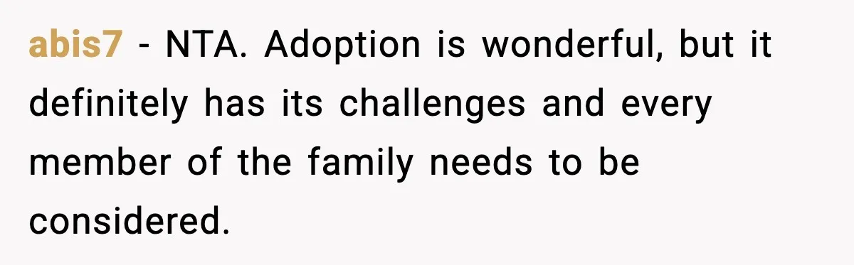 abis7 - NTA. Adoption is wonderful, but it definitely has its challenges and every member of the family needs to be considered.