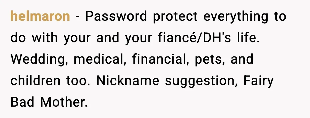 helmaron - Password protect everything to do with your and your fiancé/DH's life. Wedding, medical, financial, pets, and children too. Nickname suggestion, Fairy Bad Mother.