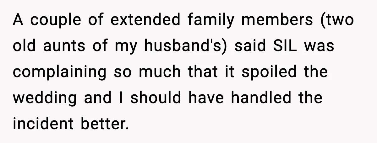A couple of extended family members (two old aunts of my husband's) said SIL was complaining so much that it spoiled the wedding and I should have handled the incident...